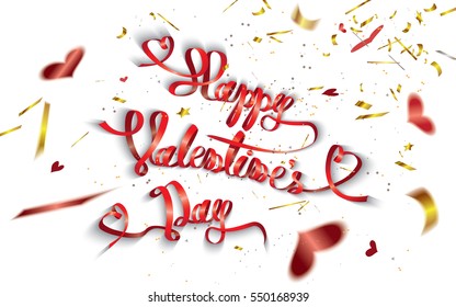 Happy Valentine's Day-text written with decorative paper and defocused heart shaped confetti around.Vector illustration.