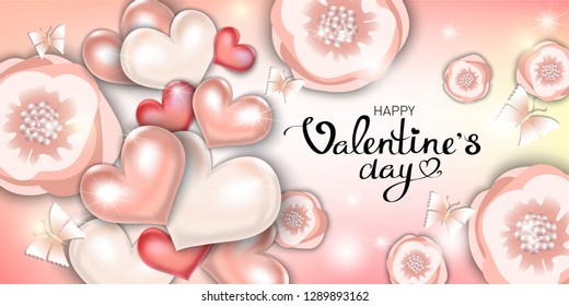 Happy Valentine's day-the inscription. Voluminous hearts on a pink background. Flowers, butterflies, beads, rhinestones, glitter. Decorative postcard, banner.