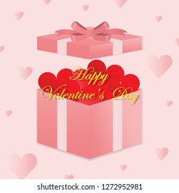 Happy valentines day.Valentines day gift box. Red hearts coming out from gift box. Gift box open. Love is in the Love box. Valentine's Day.