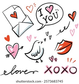 Happy Valentines doodles and cute, stylized illustrations. Featuring love letter, lips, xoxo, and hearts.  