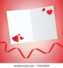 Happy Valentine's empty postcard design. Hearts scattered around with a red ribbon. Patterned background.