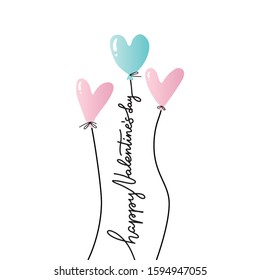 Happy Valentine's flat hand drawn illustration. Wishing you love one line lettering postcard. Pink and blue bunch of balloons. Greeting card template.