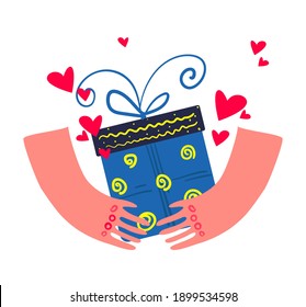 Happy Valentine's gift box icon design template with ribbon and hands. Gift card for any holiday or congratulations. Typography design in cartoon style. Giveaway. Stock vector illustration.