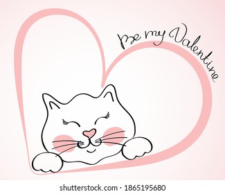 Happy Valentine's greeting card. Be my Valentine. Cute hand drawn doodle style cat and heart. Vector illustration. Valentine's Day