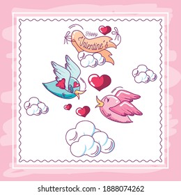 happy valentines, greeting card birds with flowers message love hand drawn style vector illustration