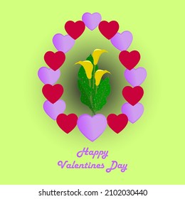 Happy Valentine's greeting card. Colored hearts with yellow calla  on a light green background. Happy Women's Day. Festive postcard, banner, poster.