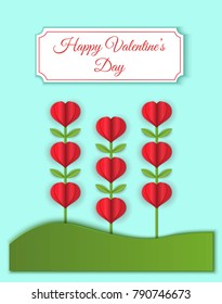 Happy valentines greeting card of love and Valentine's Day. Heart shape flowers on the grass. Cute pink flowers and heart. Paper art and craft style. Modern origami design template.