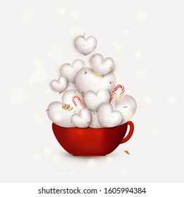 Happy Valentines greeting card. Red cup with cute white 3d hearts, flying confetti, serpentine, lollipops.Vector illustration.