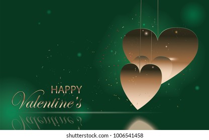 Happy Valentine's greeting card - text with two golden hearts that are reflected in each other isolated on green sparkle background.Vector illustration.