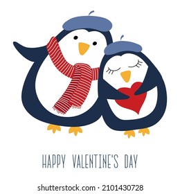 Happy Valentine's greeting card. Two cute penguins in berets with a red heart. Cartoon characters on a white background. For cards, posters, social media posts, mobile apps, ads, web.