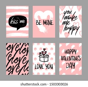 Happy Valentine`s greeting cards templates. Lettering font and brush strokes.