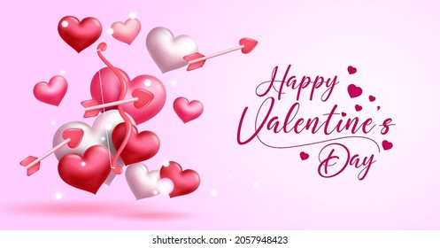 Happy valentines greeting vector design. Happy valentine's day typography text with cupid's bow and arrow element in cute hearts background for valentine decoration. Vector illustration.
