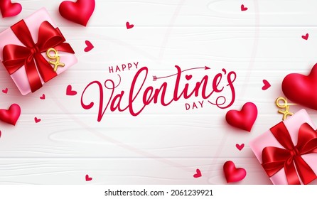 Happy valentines greeting vector design. Happy valentine's day text with gifts, hearts and gold balloon decor in copy space for valentine celebration messages. Vector illustration.
