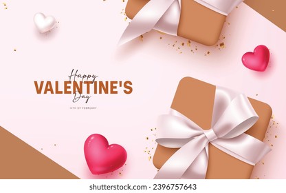 Happy valentine's greeting vector design. Valentine's day greeting card with gift boxes, heart balloons and white ribbon decoration elements for romantic holiday background. Vector illustration hearts