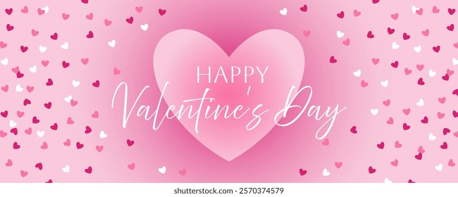 Happy Valentine's Day banner or header with a large pink heart and scattered small hearts on pink background. Modern flat illustration style. Template for banner, poster, card, and cover