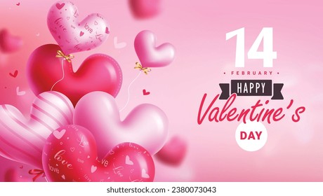 Happy valentine's hearts balloons vector design. Valentine's day greeting card with bunch heart balloons flying in blurred pink background. Vector illustration february 14 invitation card.
