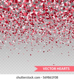 Happy Valentine's hearts Confetti. Seamless horizontal banner on transparent background