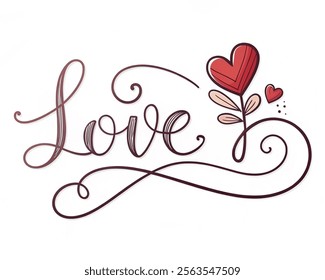 Happy Valentine's LOVE Continuous line script cursive text love. Lettering vector illustration for poster, card, banner valentine day, wedding. Hand drawn word - love with doodle heart. Print for tee,