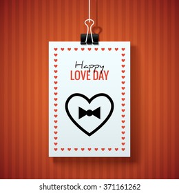 Happy Valentines Love Day Poster. White vector hanging paper sheet on dark red striped background