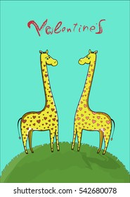 Happy Valentine's, love giraffes,vector illustration animal couple, greeting card with a green background and the inscription