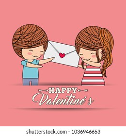 happy valentines lovely couple holding envelope pink banner