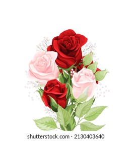 Happy Valentines or Mothers day red and pink roses bouquet vintage postcard. Vector hand drawn design card for holiday invitations, greeting, quotes, blogs, decorations