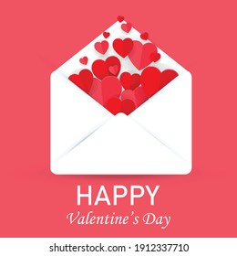 happy valentine's with paper hearts flying. Give red love and white letter. isolated on pink background. valentine card concept. vector illustration in flat style modern design.