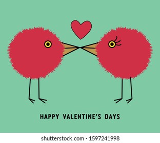 Happy Valentine's  postcard - birds in love. Cute romantic couple of birds in love with red heart for Happy Valentine's Day celebration. vector