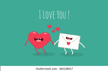 Happy Valentine's red heart, Valentine's letter. Funny image. Friend forever. Cute characters. Use for card, poster, banner, web design and print on t-shirt. Easy to edit. Vector illustration.