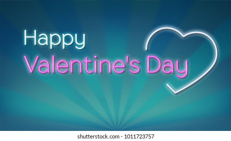 Happy Valentines s day, neon text on background with rays. Concept of romantic greeting cards, banner, poster. Glowing and lit up neon heart shaped love sign with text