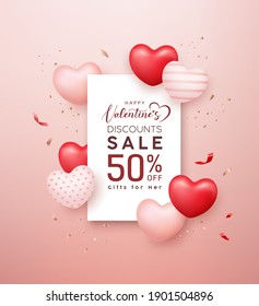 Happy valentine's sale red and pink, white balloon heart with white paper flyer poster design on pink background, Eps 10 vector illustration