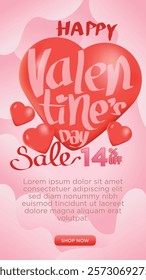 happy valentines sale vertical mobile banner. big heart shape with valentines text inside in the cloud pink concept. valentines day promotion templates vector illustration