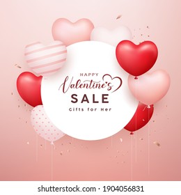 Happy valentine's sale, white paper circle space, red and pink, white balloon heart flyer poster design on pink background, Eps 10 vector illustration