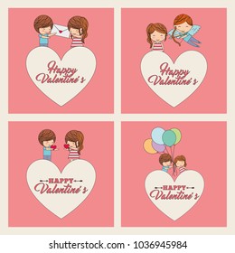 happy valentines set couples love heart balloons message cupid