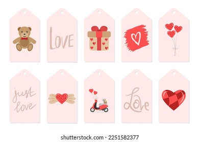 Happy Valentines set gift tags, labels with cute sweet elements and stickers. Vector illustration.