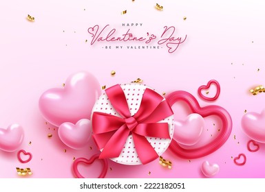 Happy valentine's text vector design. Valentine's day with gift box and balloon hearts decoration for greeting card background. Vector Illustration.
