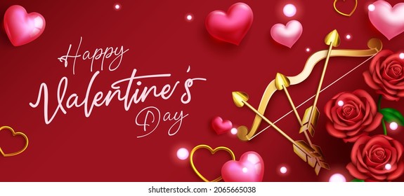 Happy Valentines Vector Background Design. Happy Valentine's Day Typography Text With Romantic Red Roses And Cupid's Bow And Arrow Elements For Elegant Valentine Decoration. Vector Illustration.
