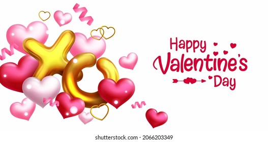 Happy valentiner Vektorhintergrund Design. Valentinstag Grußtext mit Dekorationselementen aus goldenem Ballon, Herzen und Konfetti für romantische Feiern. Vektorgrafik.
