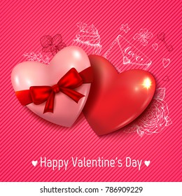 Happy Valentines vector day card with two hearts. Romantic pink background with vintage hand drawn sketched elements: cake, orchid, envelope, rose.