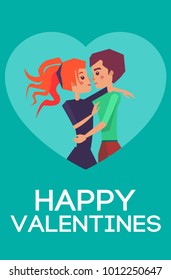Happy Valentines vector greeting card design with merry couple kissing, young lovers flirting and hugging, embracing pair loving each other isolated