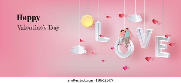 Happy Valentines's Day, couple in love sitting on letter LOVE.