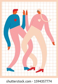 Happy Valentin's day card or poster.  Young women and men give five to each other and celebrate their marriage. Connection and solidarity in relationship illustration in vector. 