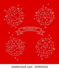Happy Valentin's day.  Set of line illustrations. Pierced heart, love doves, stemware, gender signs