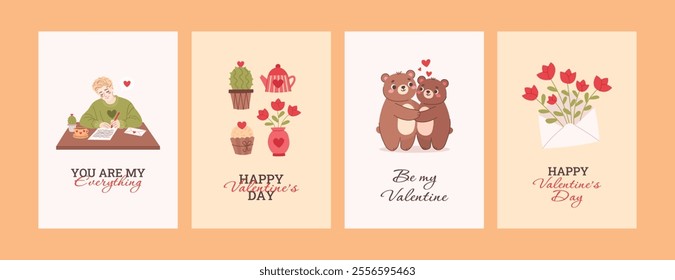 Happy Valentive's Day. Pink valentines collection. Greeting card set. Vector illustration with romantic elements: cactus, cupcake, vase with tulips, bears in love, guy writing a love letter.