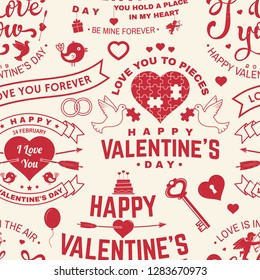 Happy Valenyines day background or wallpaper. Vector. Design for banner, poster or print with heart and key, bird, amur, arrow. Vector. Valentines day seamless pattern for february 14 celebration
