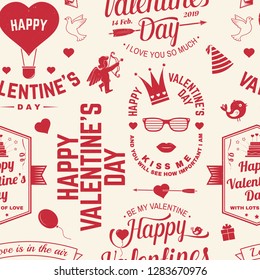 Happy Valenyines day background or wallpaper. Vector. Design for banner, poster or print with heart and key, bird, amur, arrow. Vector. Valentines day seamless pattern for february 14 celebration