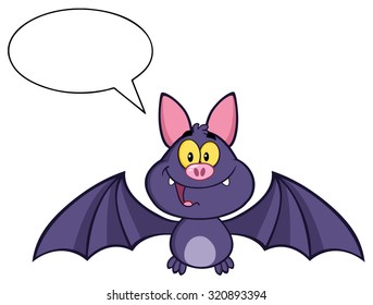 Happy Vampire Bat Cartoon Character Flying With Speech Bubble. Vector Illustration Isolated On White