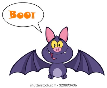 Happy Vampire Bat Cartoon Character Flying With Speech Bubble And Text. Vector Illustration Isolated On White