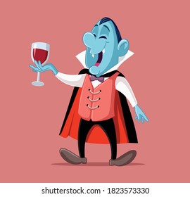 Feliz bebida de vampiro a partir de la caricatura del Vector de Vidrio. Monstruo divertido de Halloween tostando bebida roja
