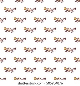 Happy vampire spider with coffee and cookie. vector seamless pattern on white. Hand drawn cartoon sketchy design element for halloween party invitation card, wrapping paper, greeting card